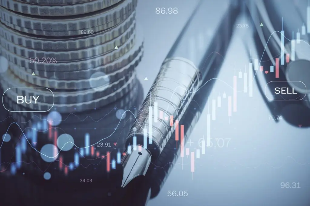 abstract image of coin stack pen and candlestick