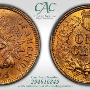 1865 1C PLAIN 5 MS65RD CACG